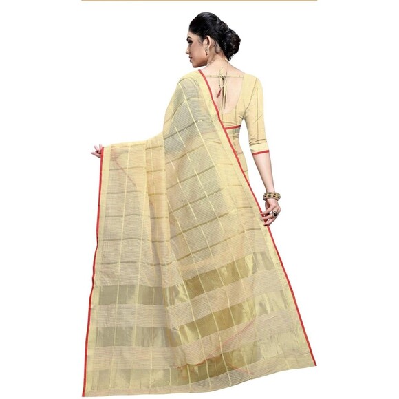Women's Kota Doria Pure Cotton Saree With Unstiched Blouse NWT golden zari weave - Picture 3 of 12